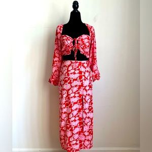 Floral midi skirt with slit and long sleeve top